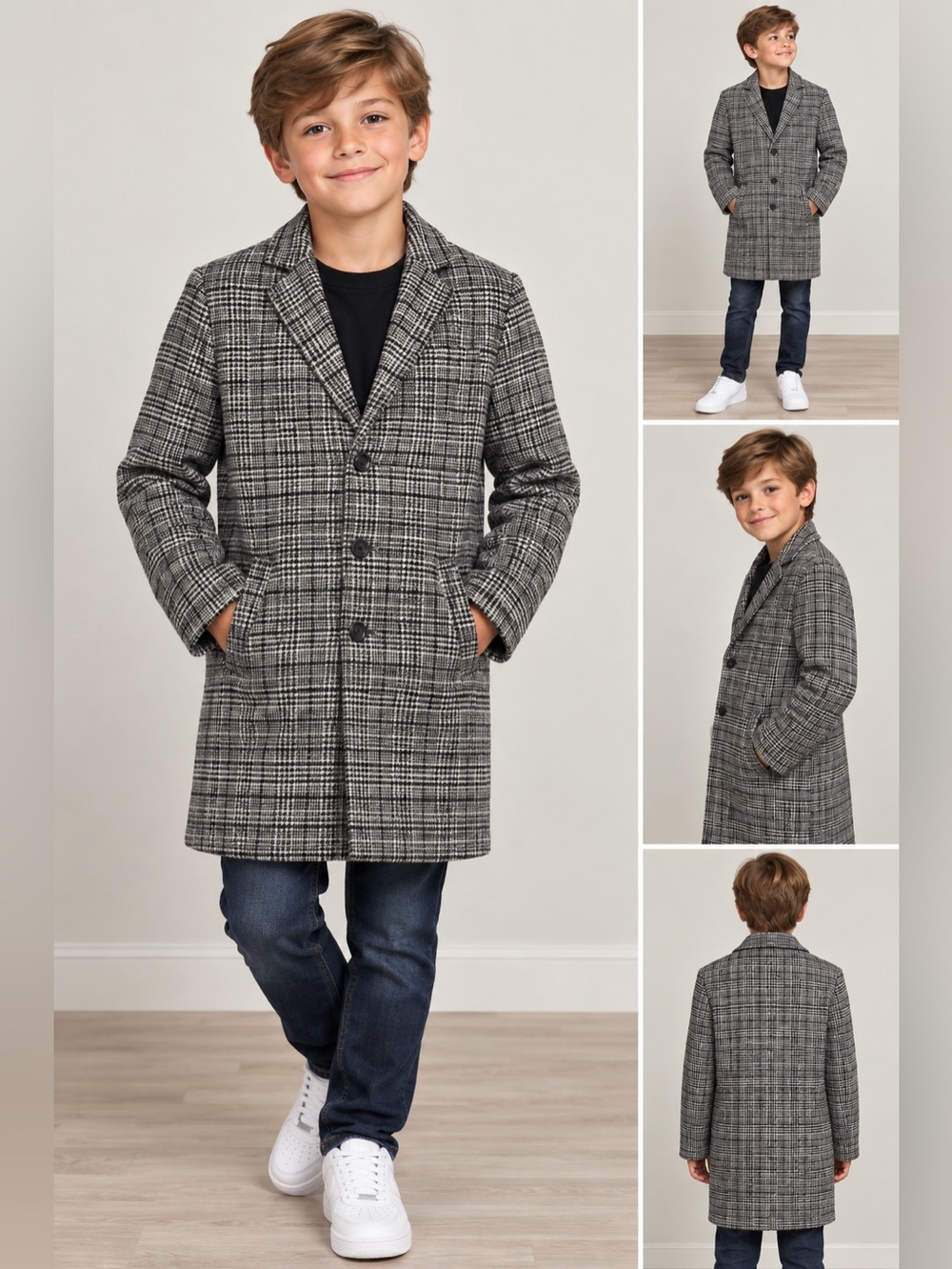 Boys Black & Gray Plaid Long Jacket